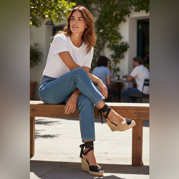 Zara Espadrille Wedge Sandals Black Tan Ankle Tie Wrap Platform Heels Size 8.5 - Picture 10 of 16